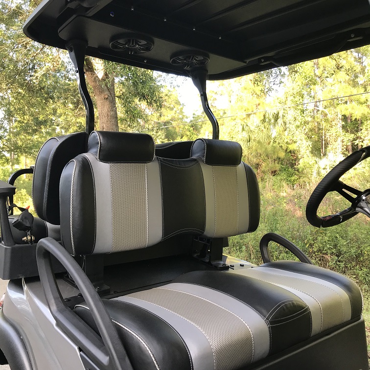 Premium Contour Three Tone Bench Back Golf Cart Seat With Headrest Pete S Carts - Free Pattern For Golf Cart Seat Covers To Sew